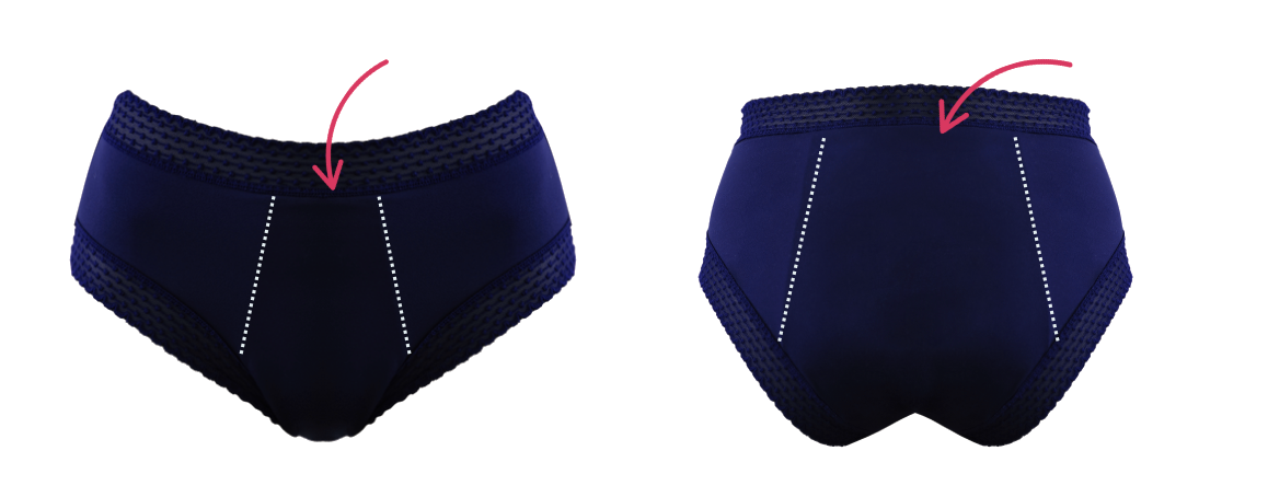 Vue avant et arrière de la culotte menstruelle Lily illustrant l’étendue de la zone absorbante pour une protection optimale Culotte menstruelle Lily vue avant et arrière avec zone de protection absorbante en pointillés