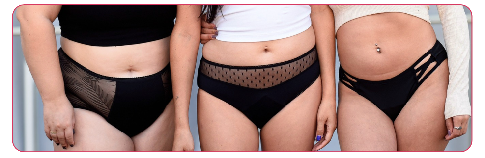 Culottes menstruelles Louloucup portées : à gauche modèle Clara, au centre modèle Fanny et à droite modèle Naomi Culottes menstruelles Louloucup portées – modèles Clara, Fanny et Naomi